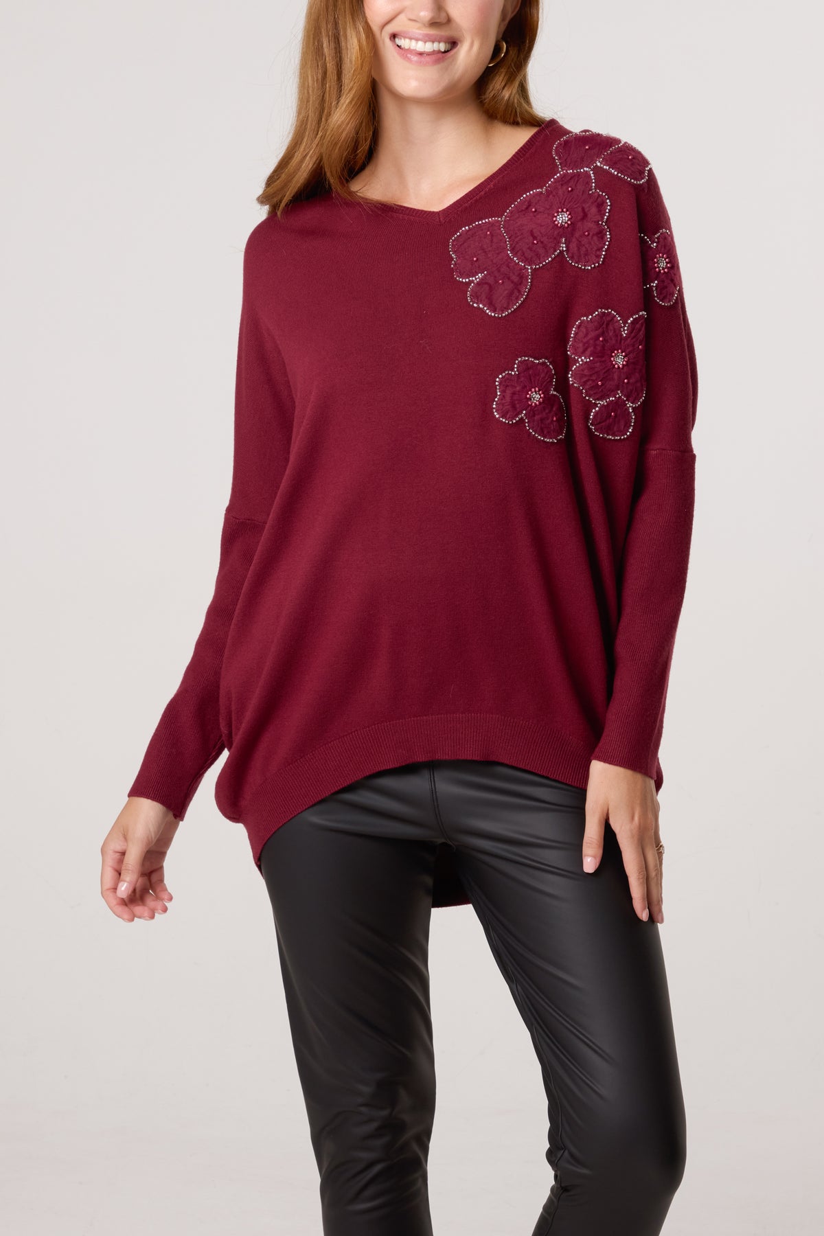 Embellished Flowers V-Neck Jumper