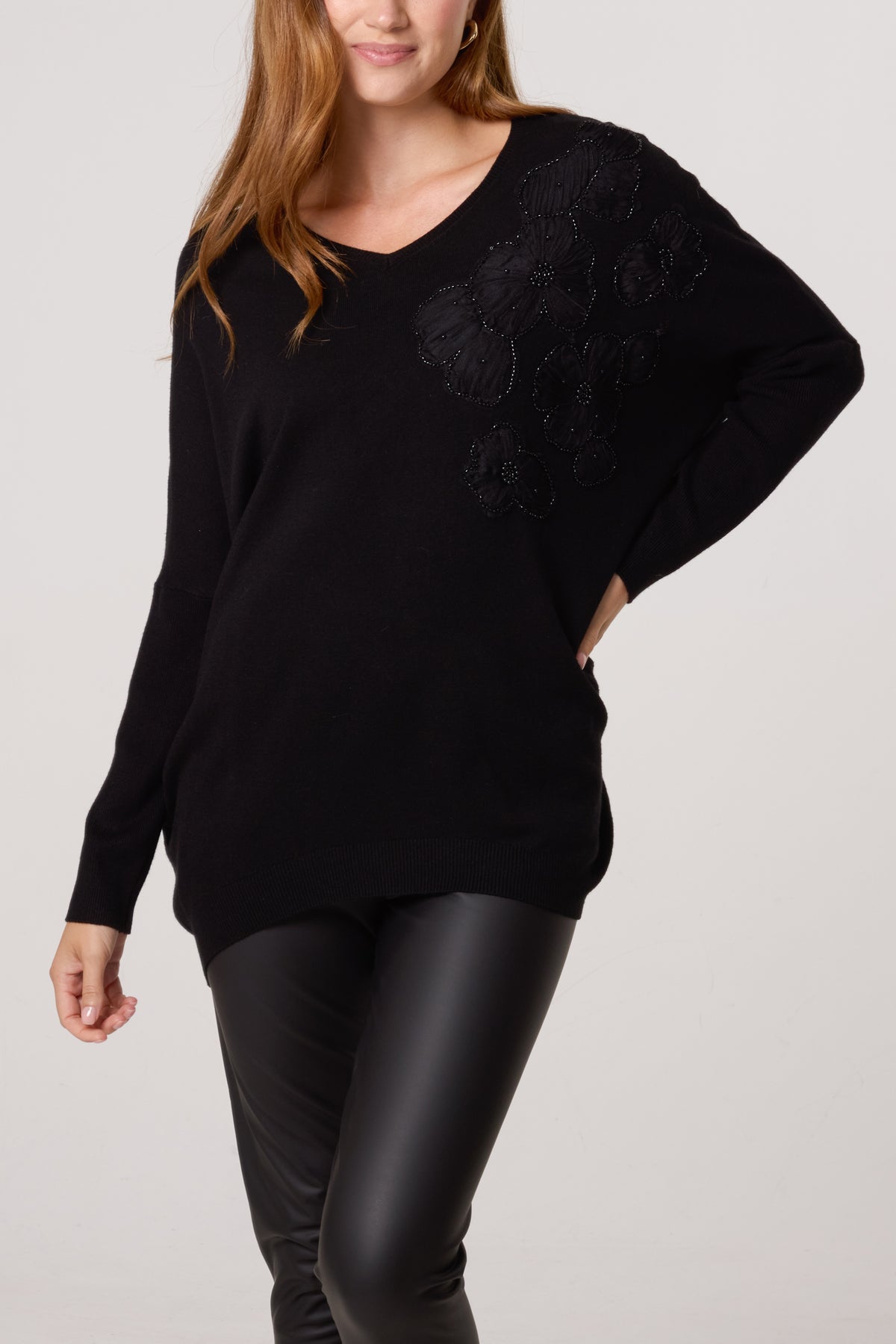 Embellished Flowers V-Neck Jumper