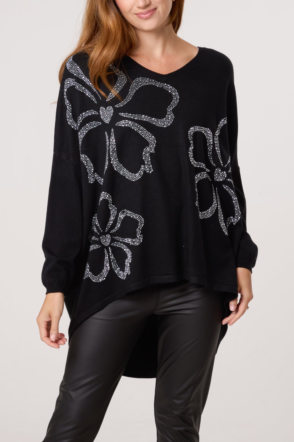 Diamante Heart Flowers V-Neck Jumper