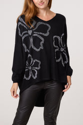 Diamante Heart Flowers V-Neck Jumper