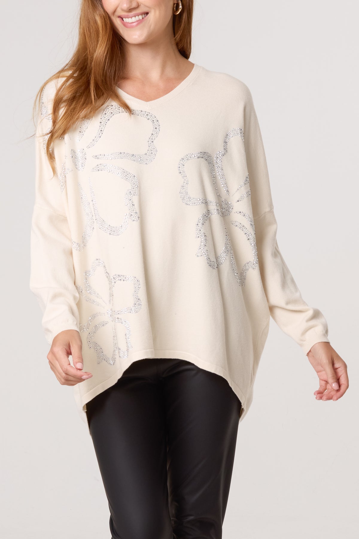 Diamante Heart Flowers V-Neck Jumper