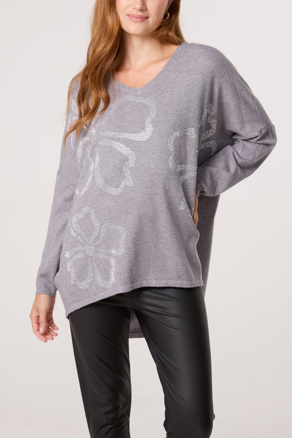 Diamante Heart Flowers V-Neck Jumper