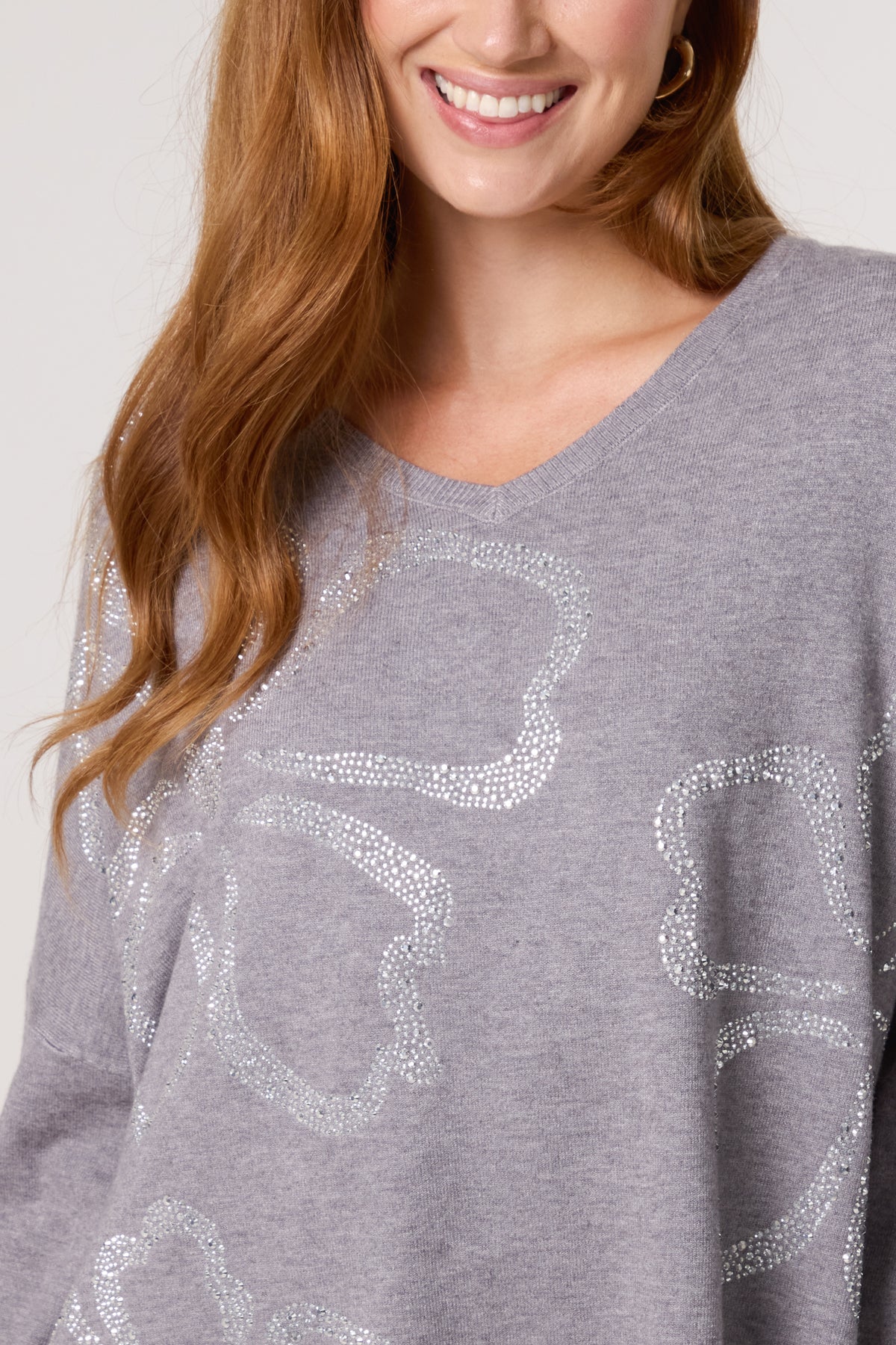 Diamante Heart Flowers V-Neck Jumper