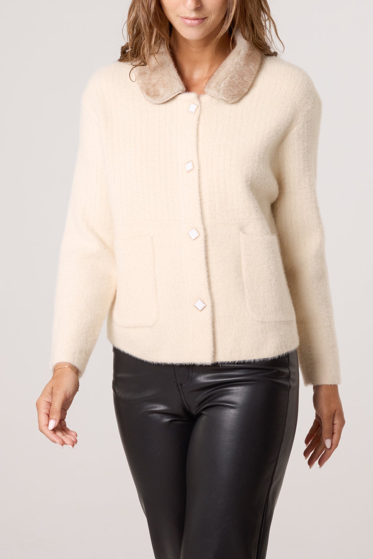 Fur Collar Jewelled Button Knit Cardigan