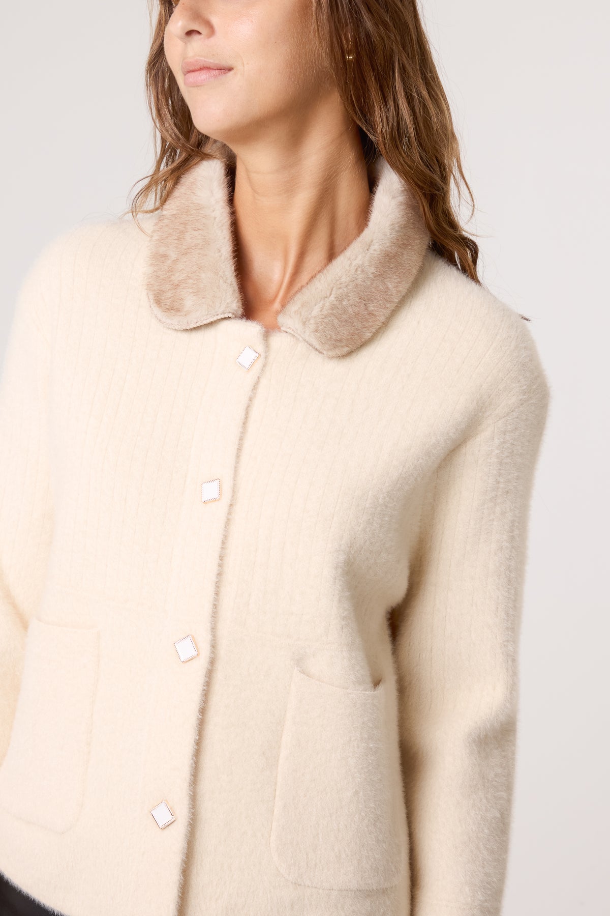 Fur Collar Jewelled Button Knit Cardigan