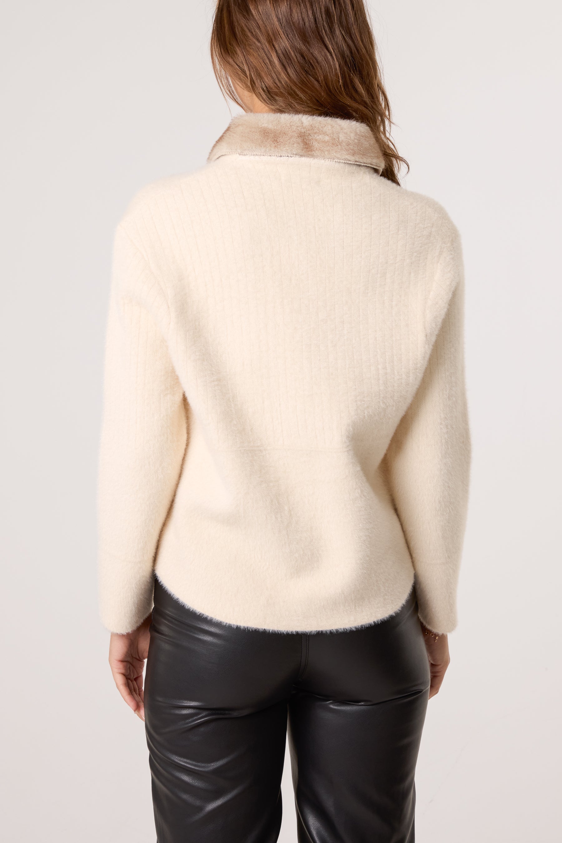 Fur Collar Jewelled Button Knit Cardigan