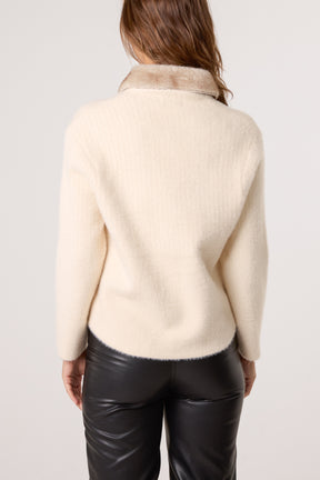 Fur Collar Jewelled Button Knit Cardigan