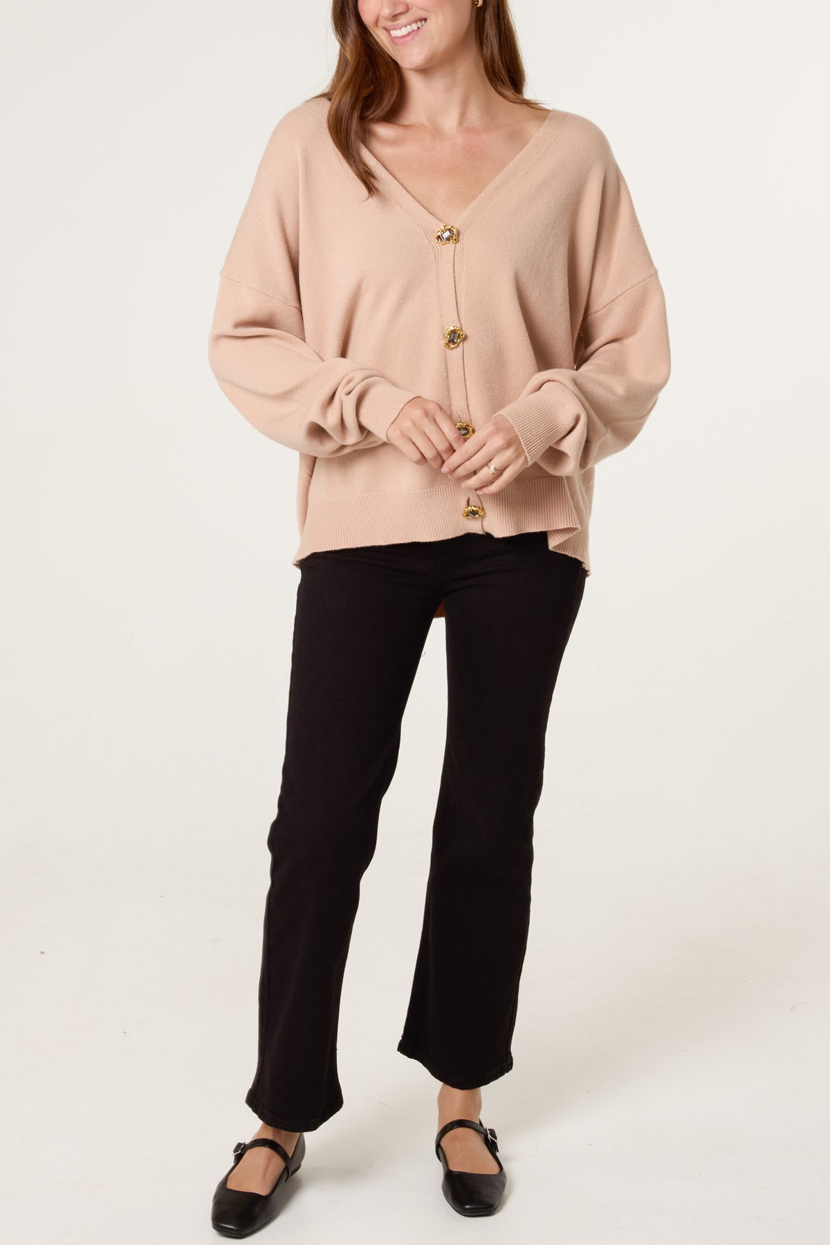 Gold & Jewelled Button V-Neck Cardigan