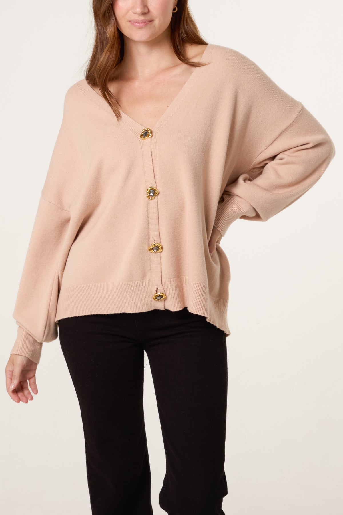 Gold & Jewelled Button V-Neck Cardigan