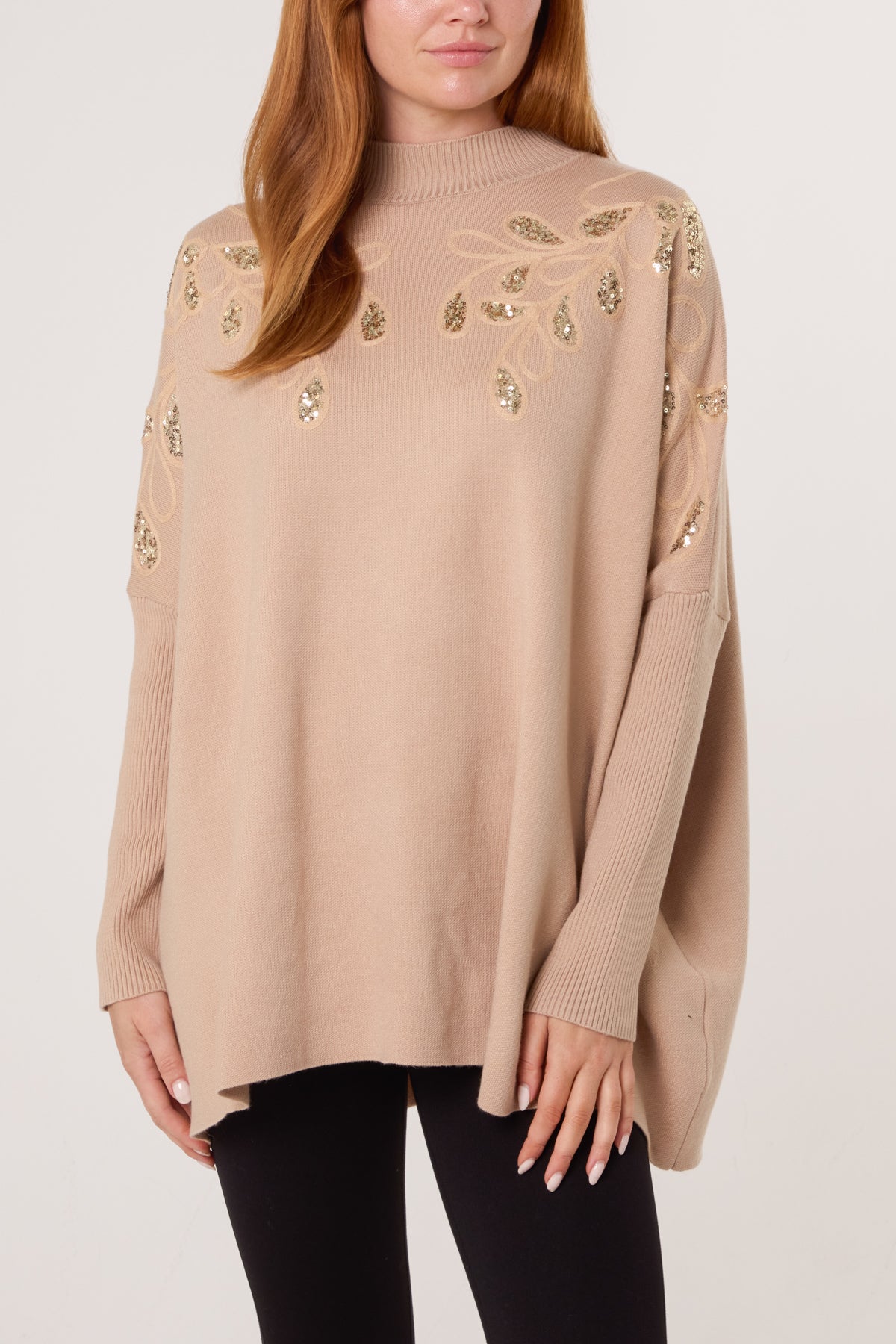 Embellished Leaves High Neck & Batwing Jumper