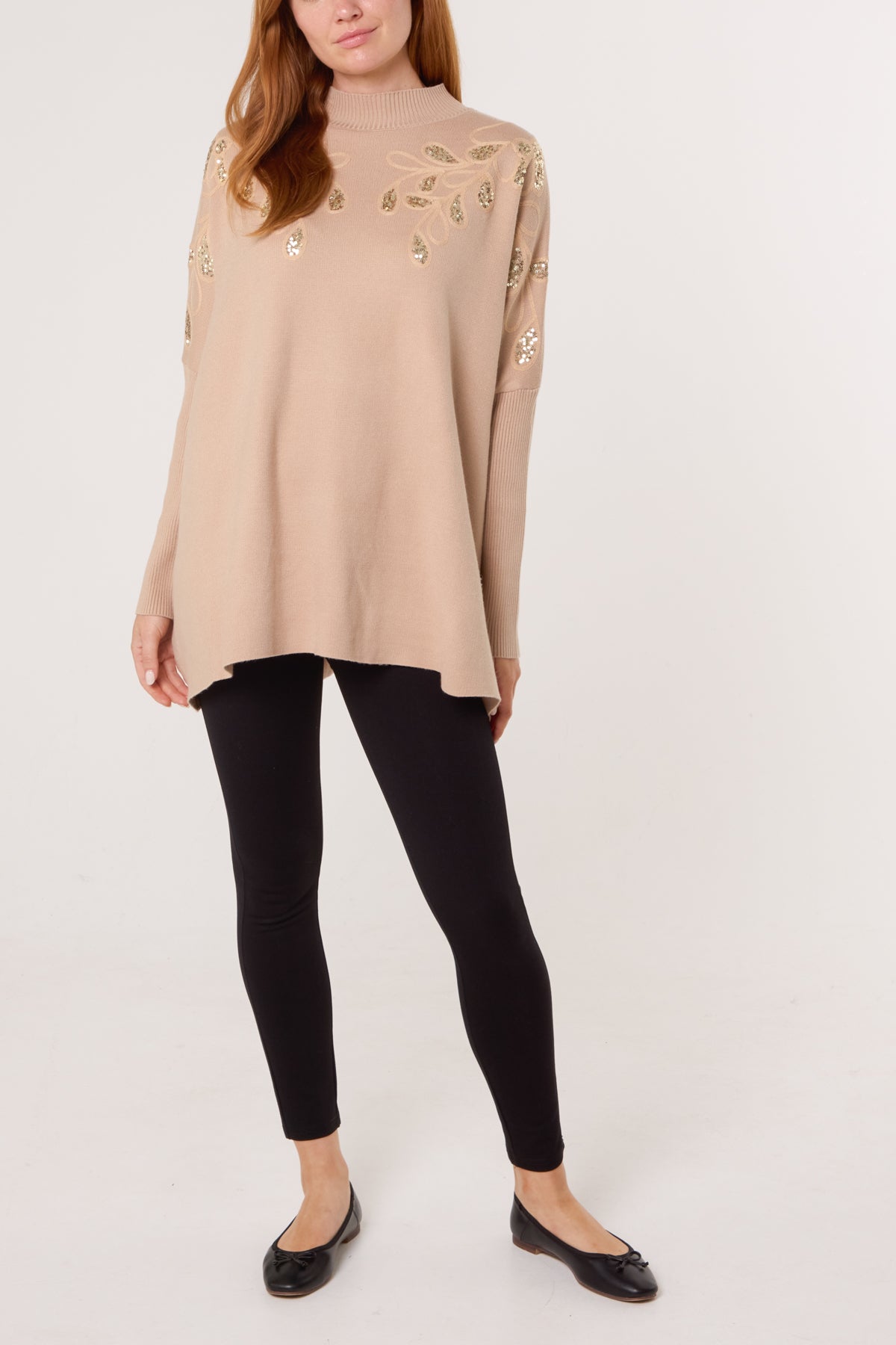 Embellished Leaves High Neck & Batwing Jumper