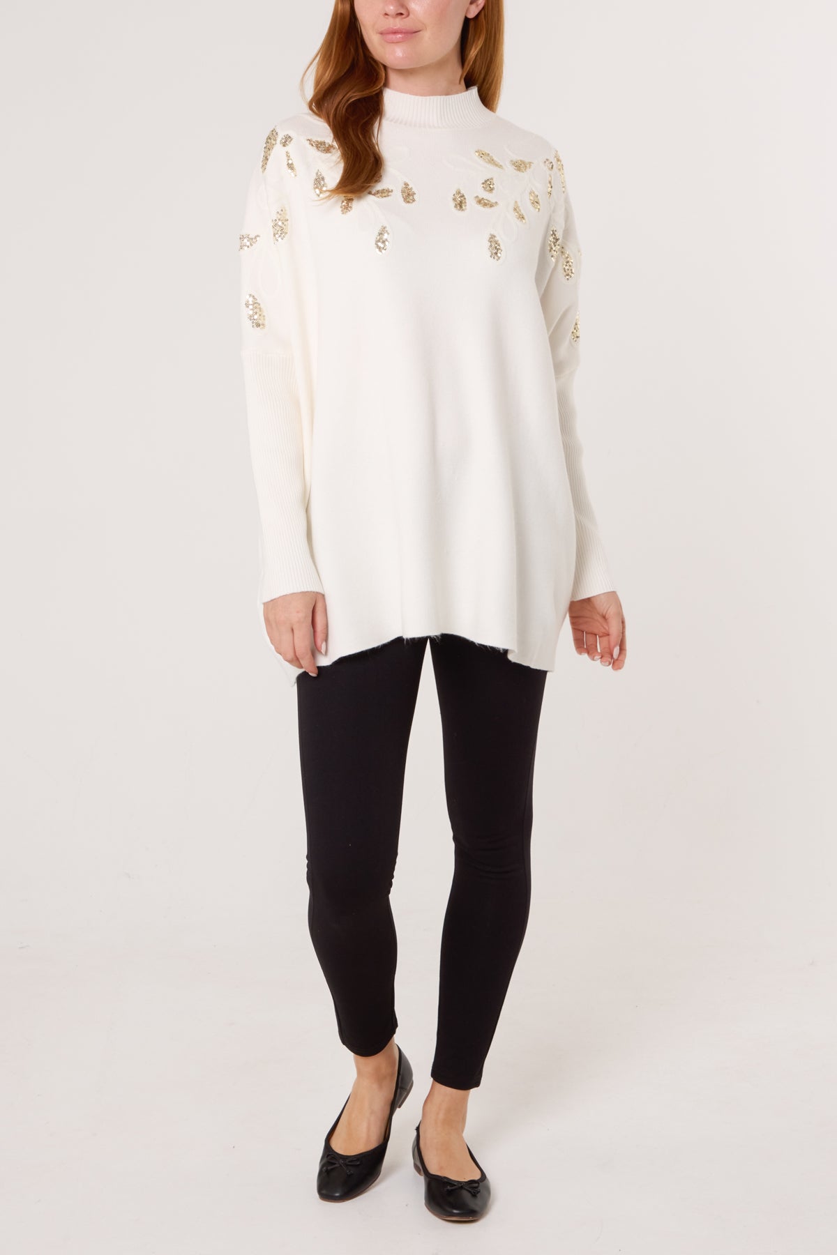 Embellished Leaves High Neck & Batwing Jumper