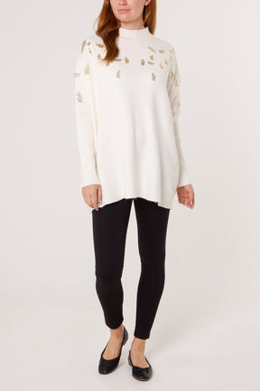 Embellished Leaves High Neck & Batwing Jumper