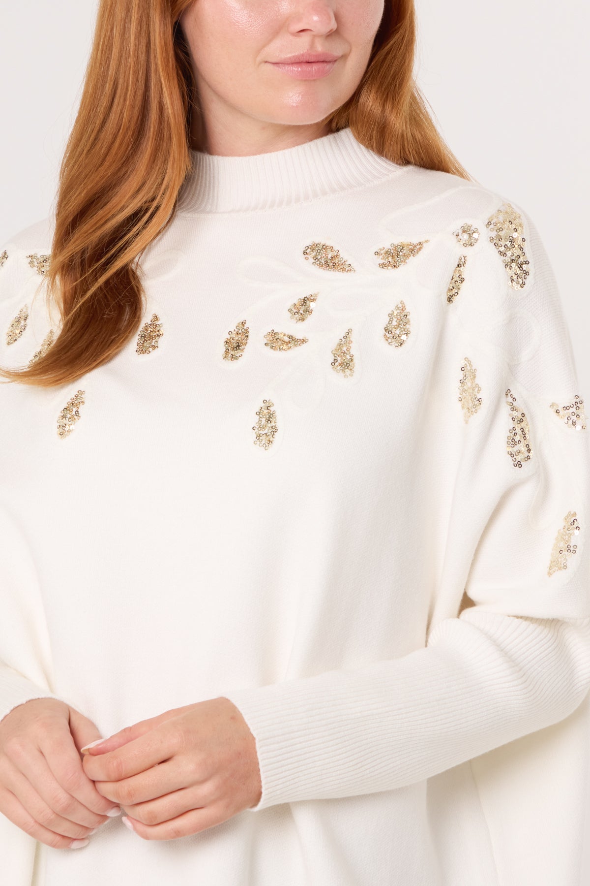 Embellished Leaves High Neck & Batwing Jumper
