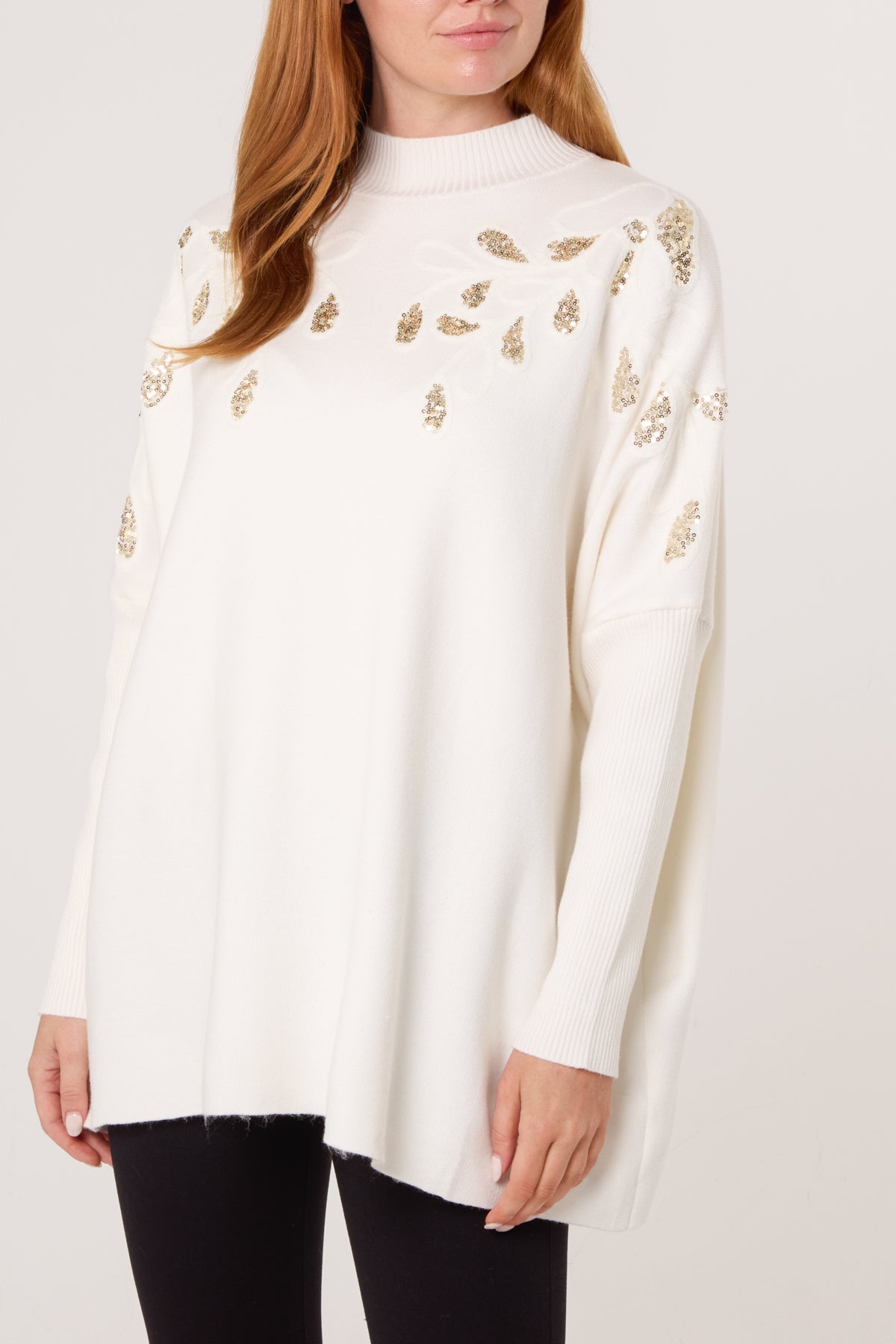 Embellished Leaves High Neck & Batwing Jumper