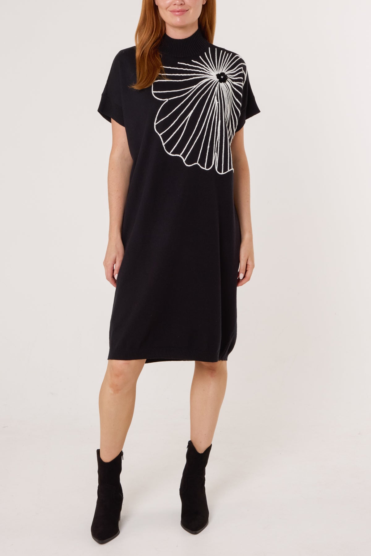 Embroidered Flower High Neck Knit Dress
