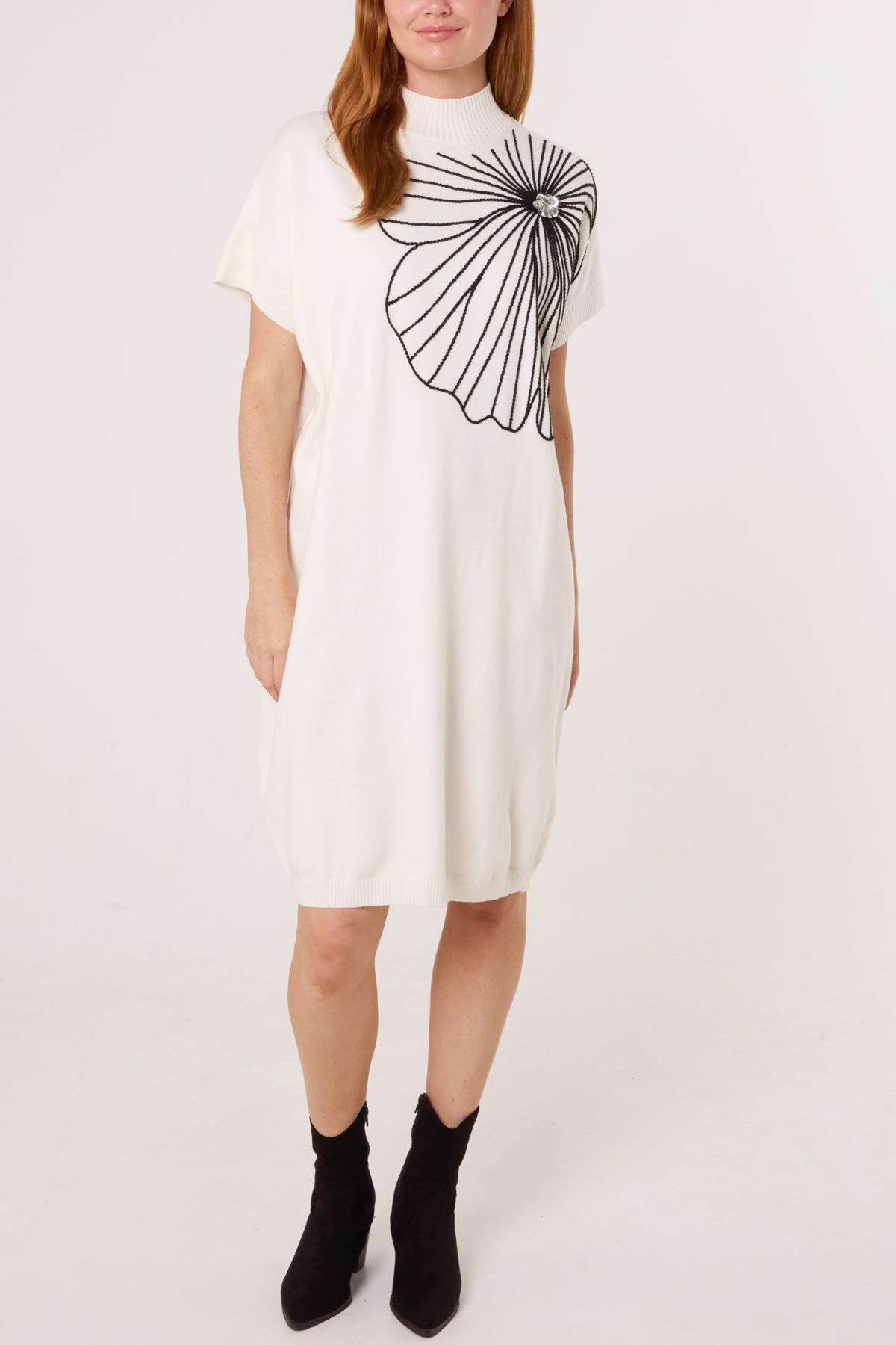 Embroidered Flower High Neck Knit Dress