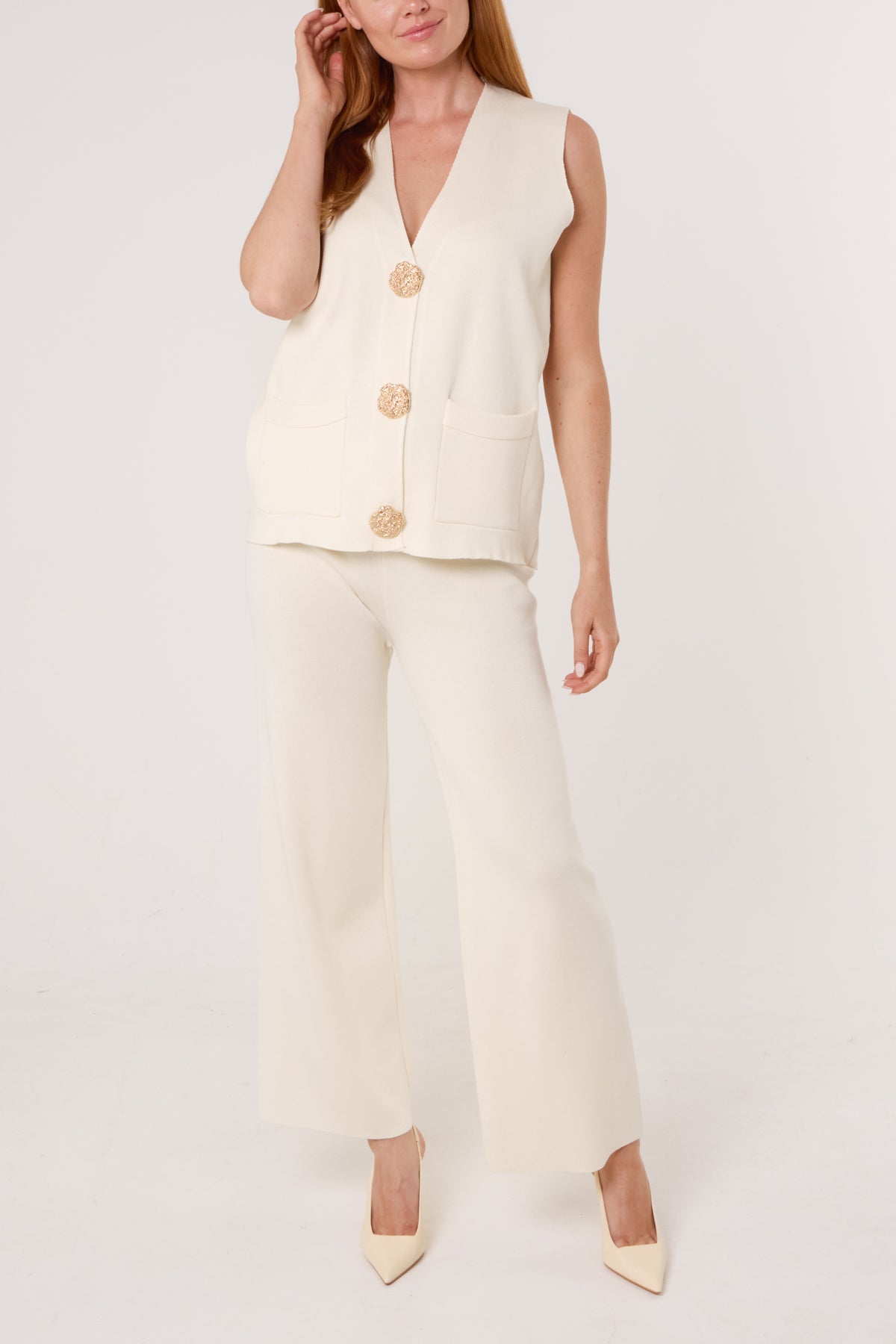 Gold Button Vest & Trouser Knit Set