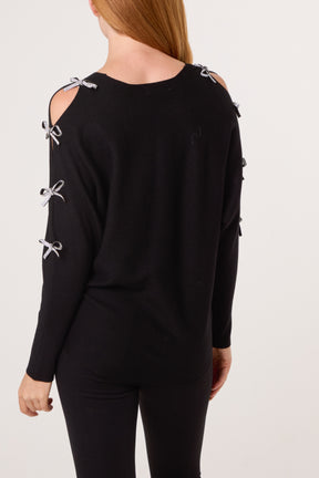 Diamante Bow Cut Out Sleeve Jumper