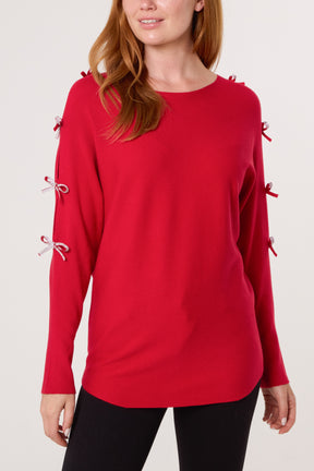 Diamante Bow Cut Out Sleeve Jumper