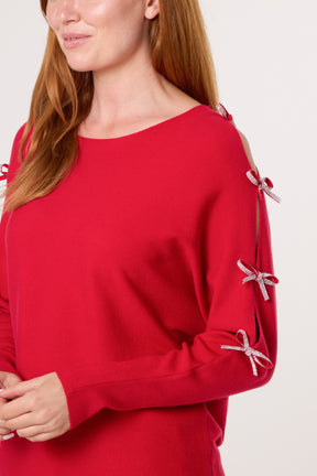 Diamante Bow Cut Out Sleeve Jumper