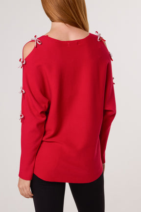 Diamante Bow Cut Out Sleeve Jumper