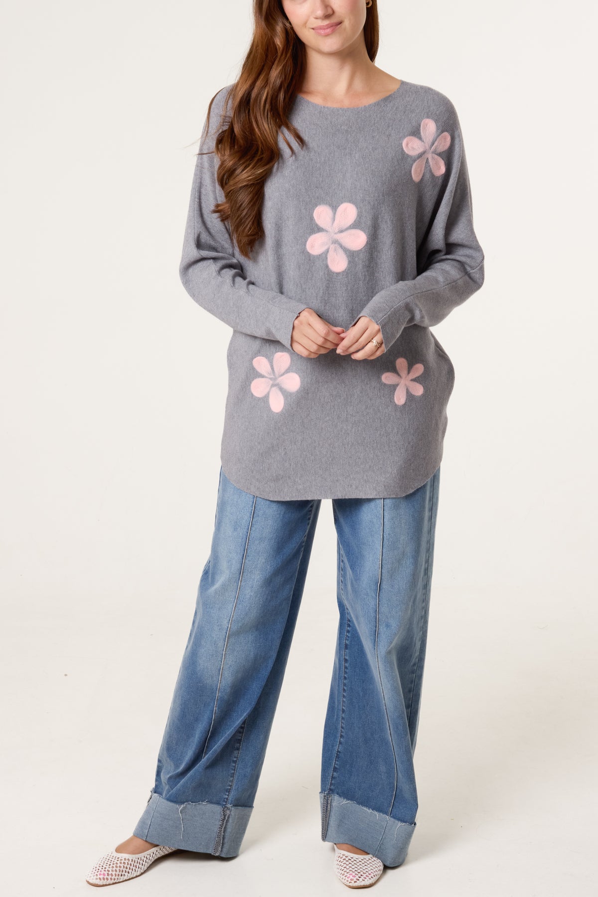 Fine Knit Flower Batwing Jumper