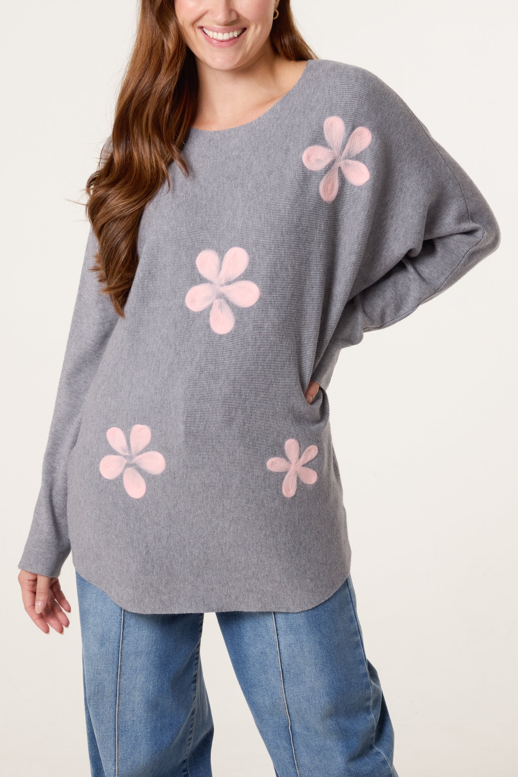 Fine Knit Flower Batwing Jumper