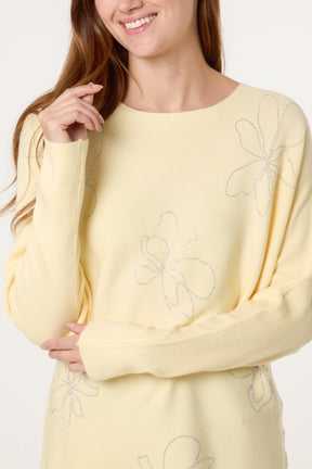 Abstract Embellished Flower Fine Knit Jumper