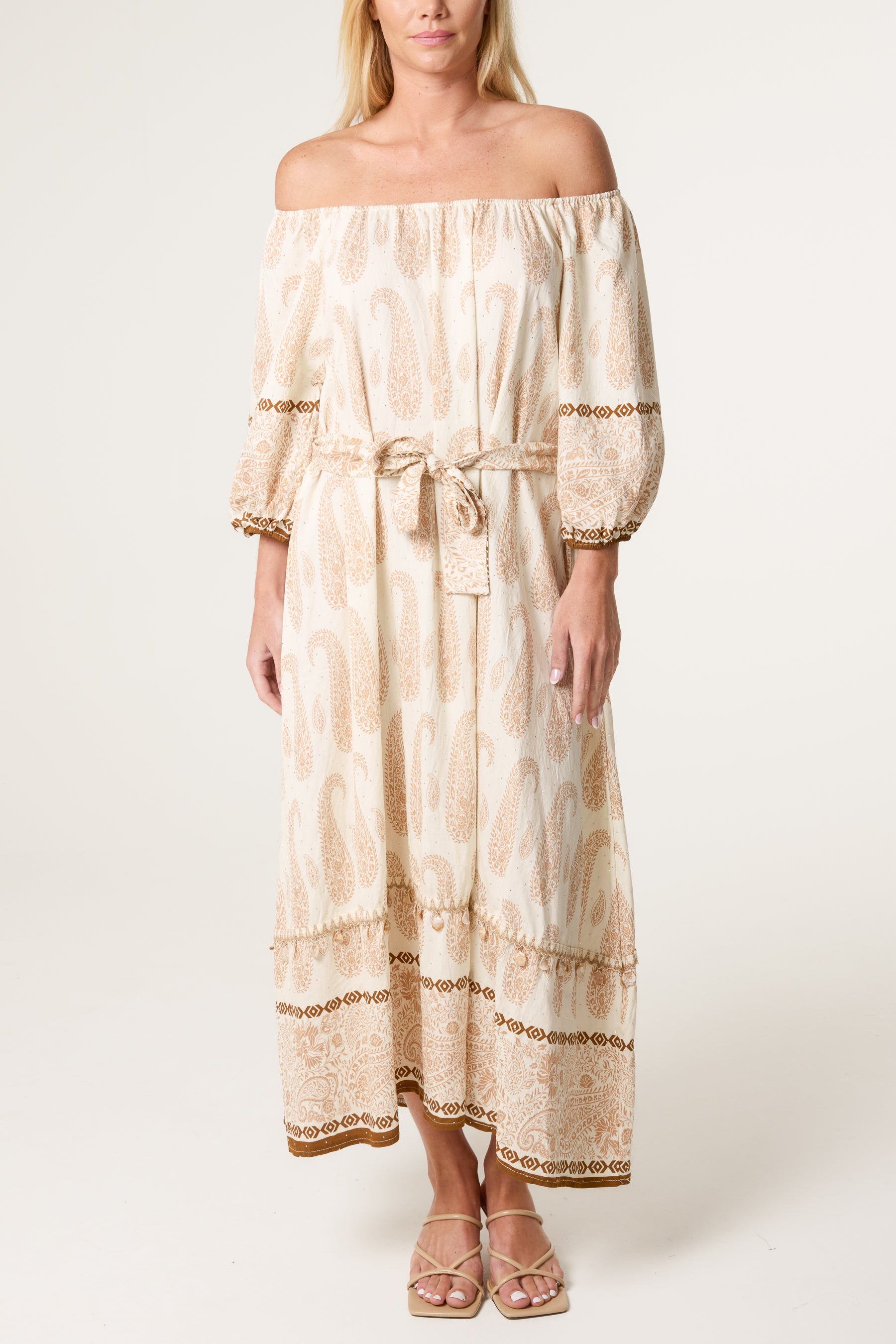 Paisley Pattern Bardot Belted Dress