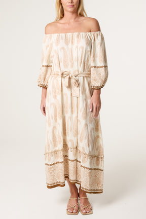 Paisley Pattern Bardot Belted Dress