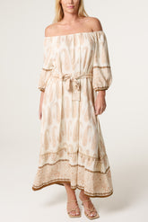 Paisley Pattern Bardot Belted Dress