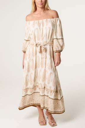 Paisley Pattern Bardot Belted Dress