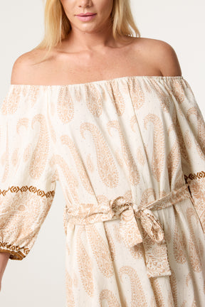 Paisley Pattern Bardot Belted Dress