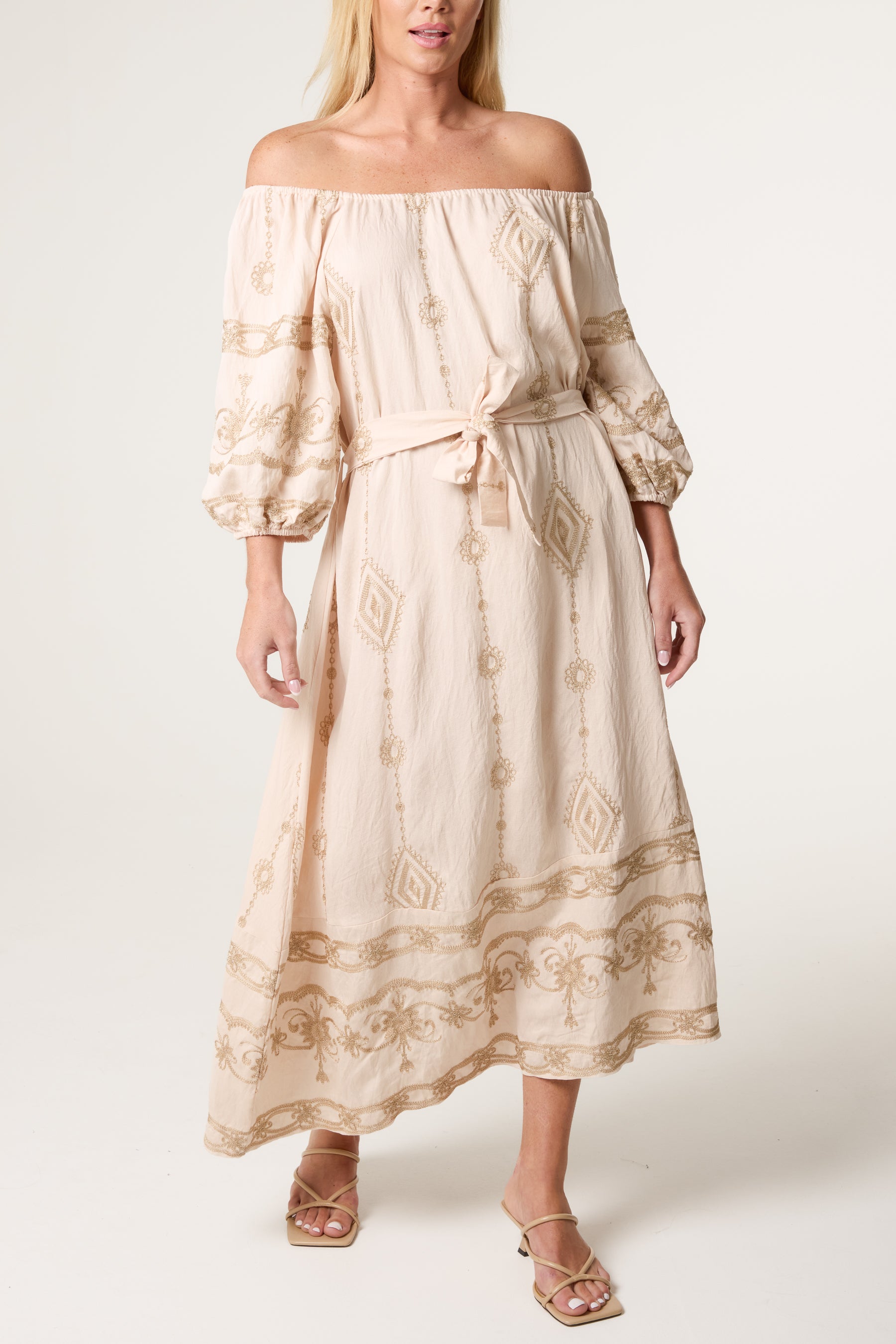 Geo & Floral Embroidered Bardot Dress