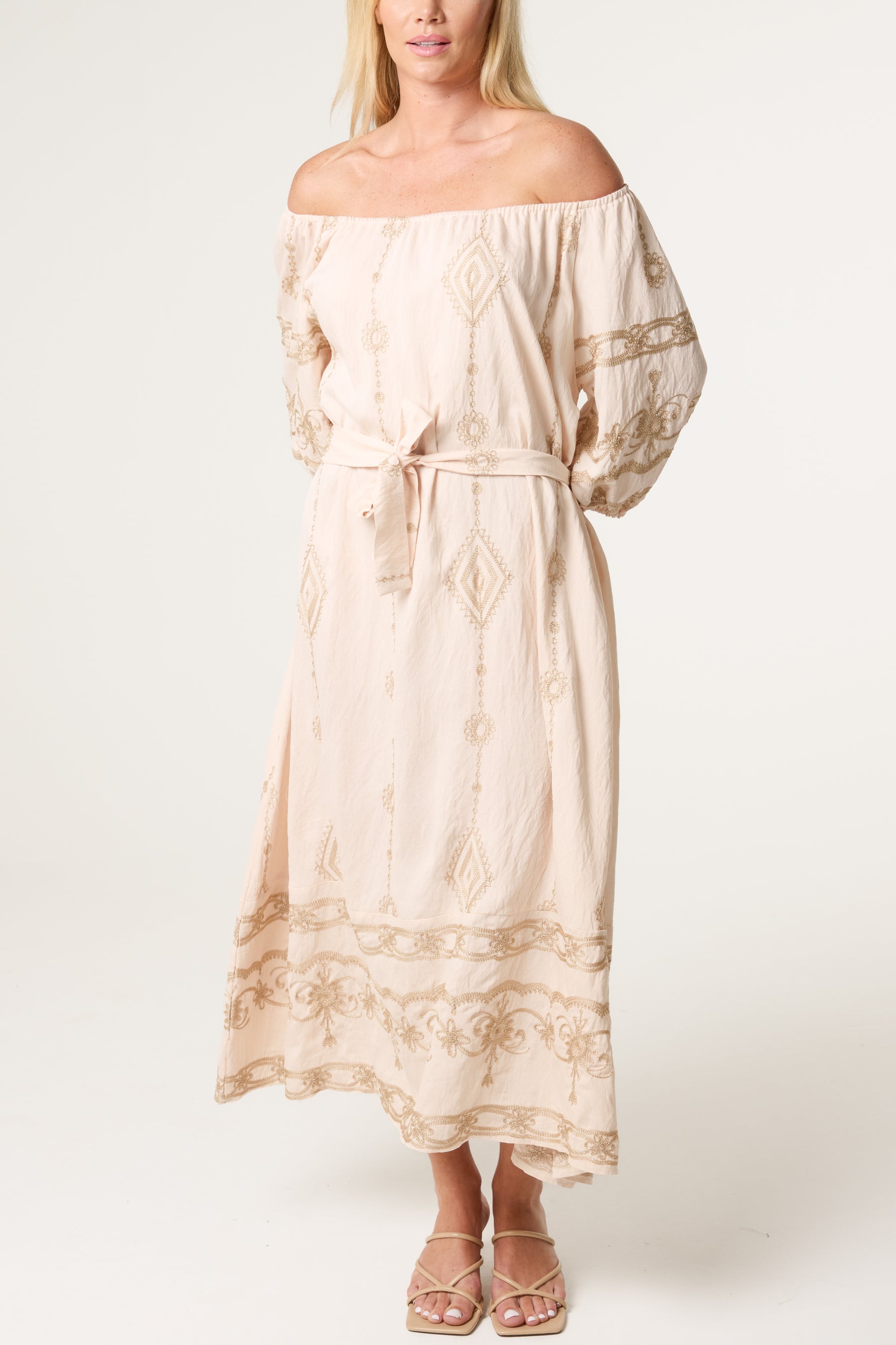 Geo & Floral Embroidered Bardot Dress