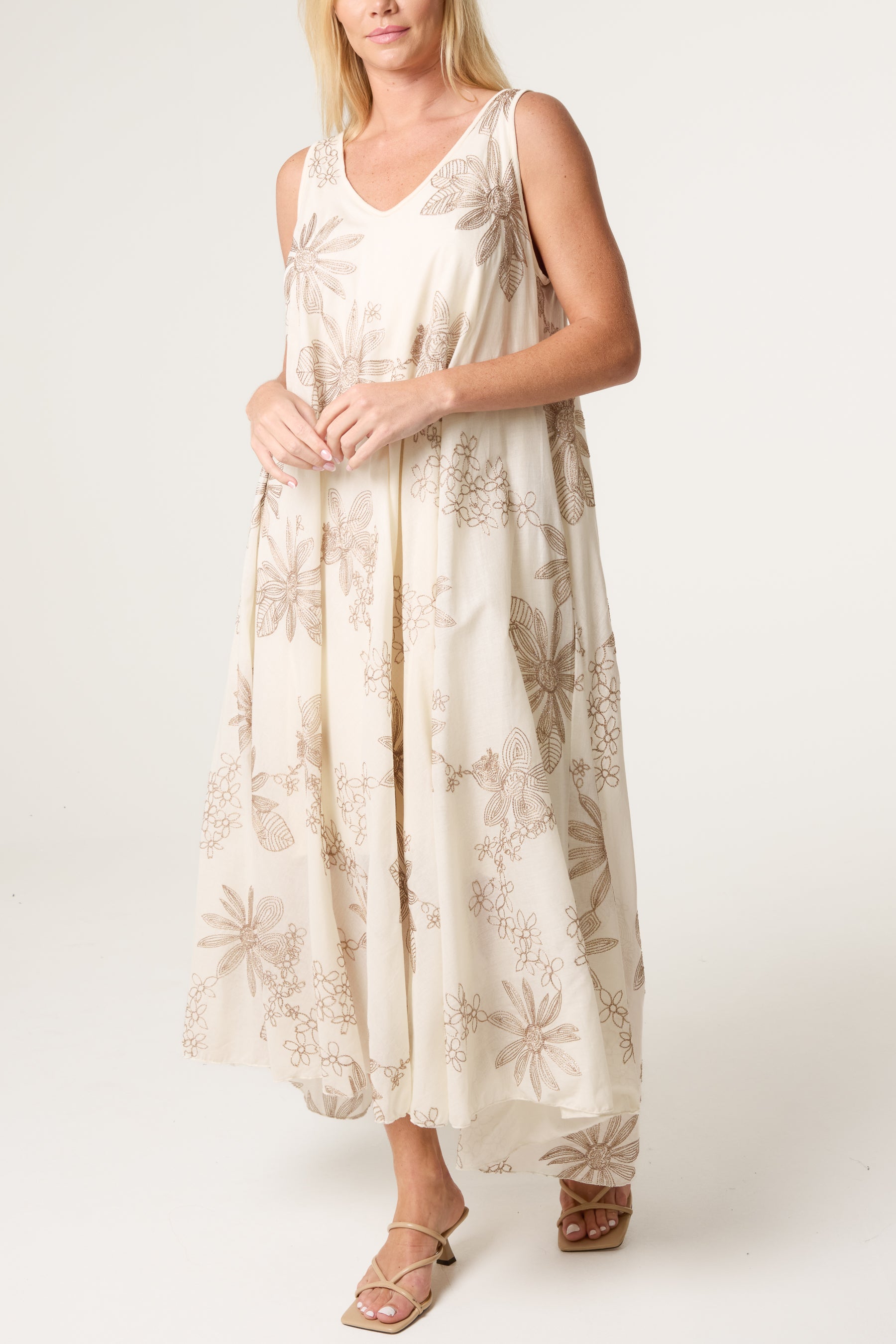 Floral Embroidery Cotton A-Line Dress