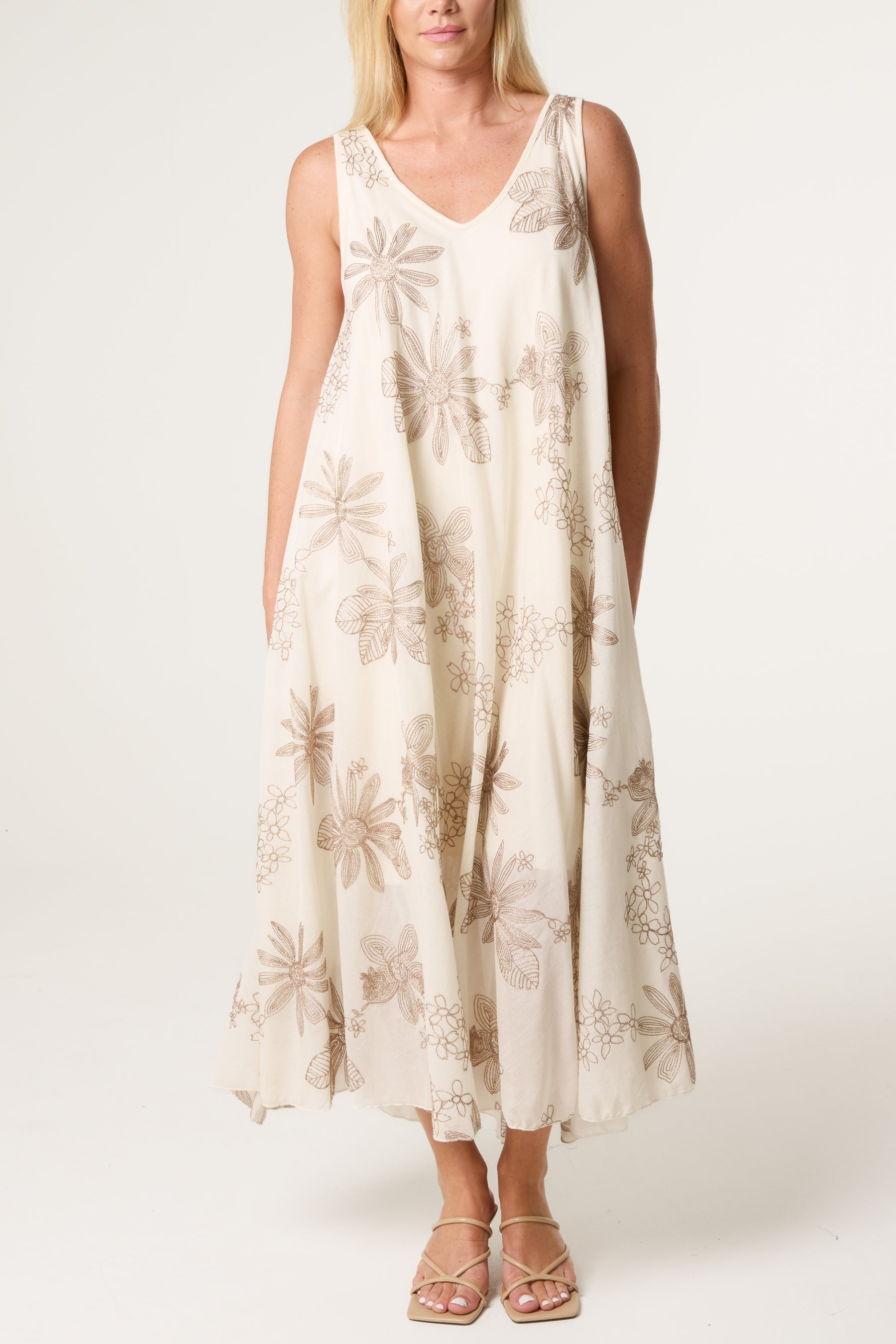 Floral Embroidery Cotton A-Line Dress