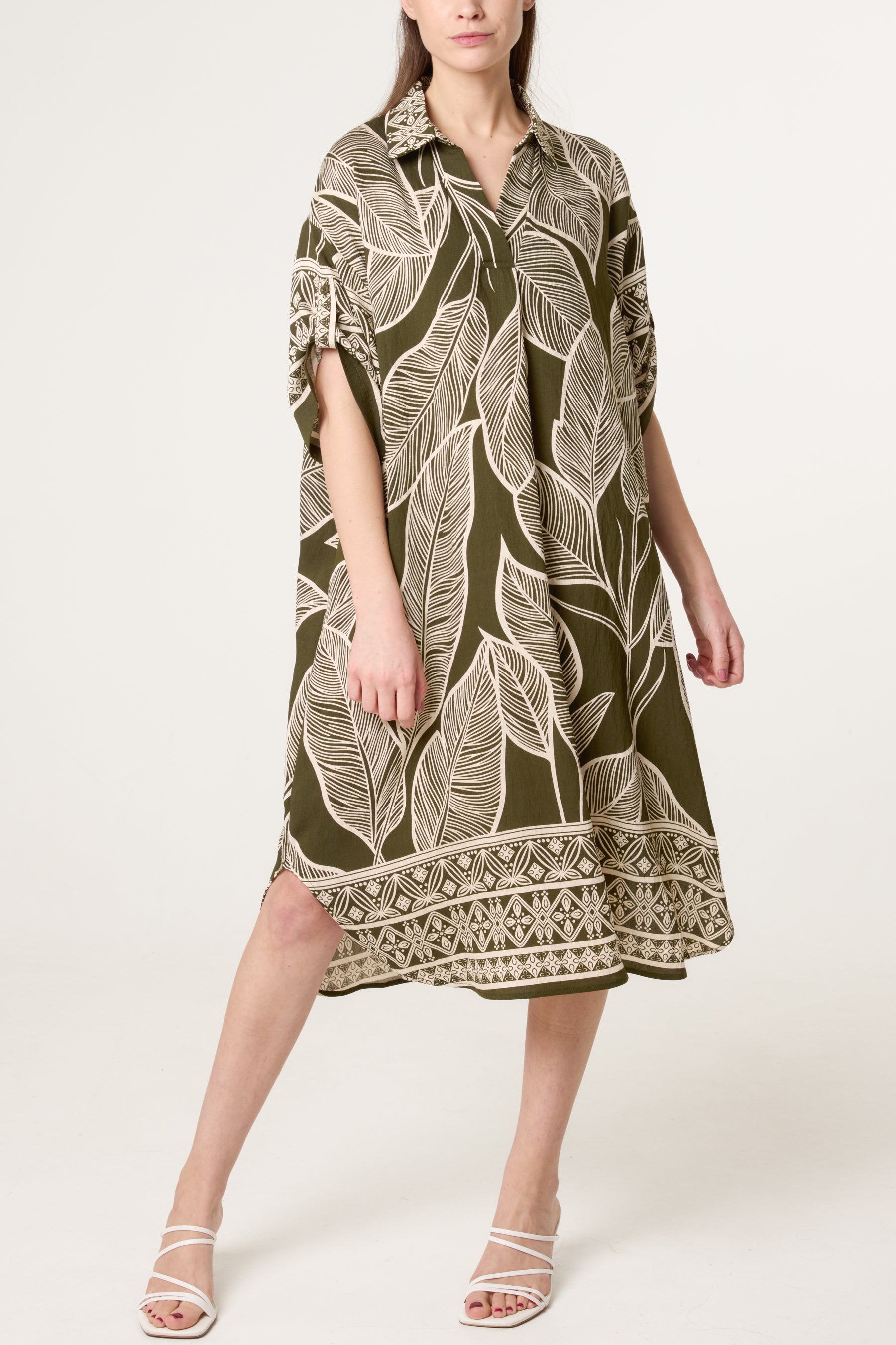 Leaf & Border Print Open Collar Dress
