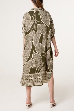 Leaf & Border Print Open Collar Dress