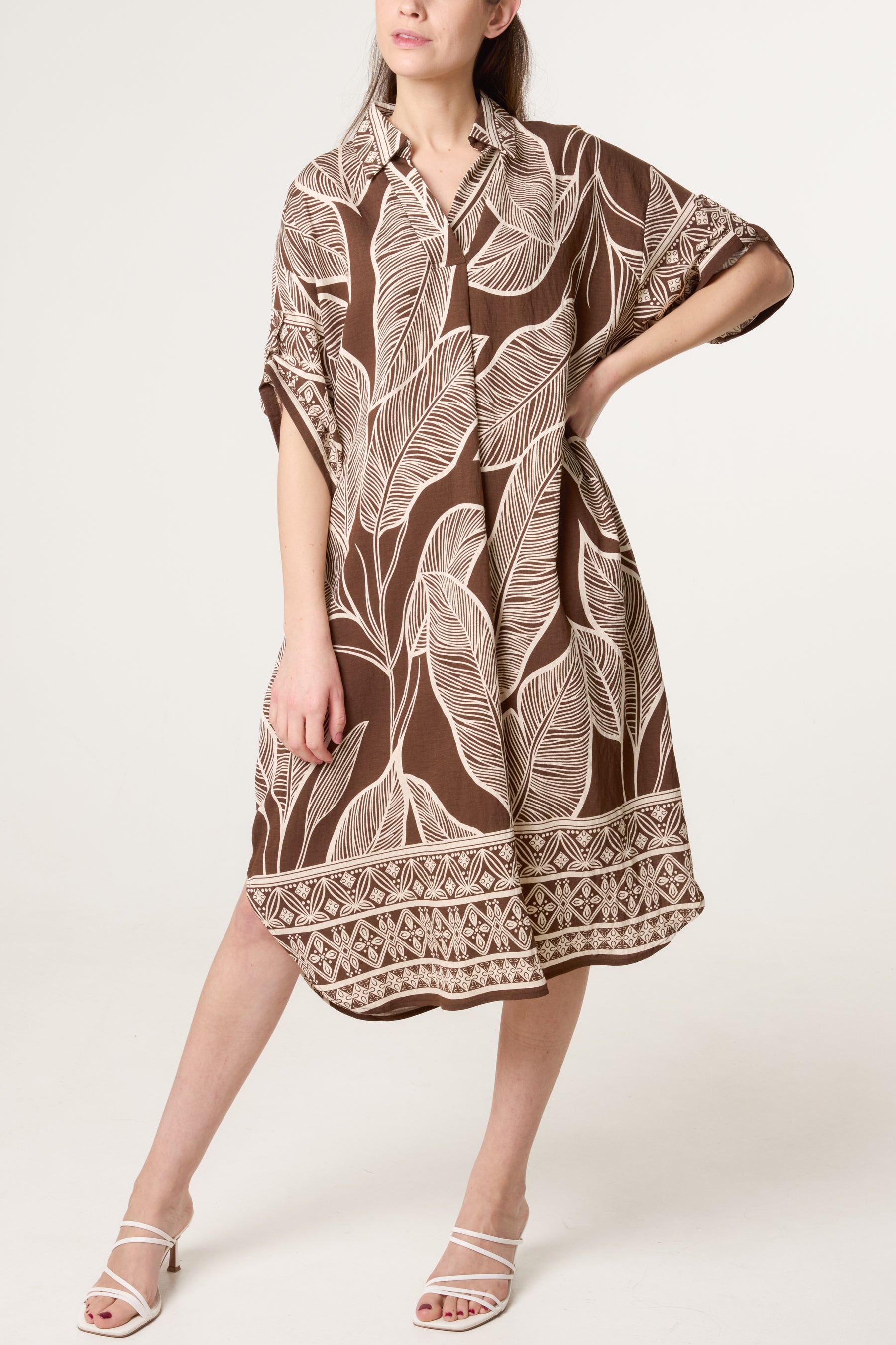 Leaf & Border Print Open Collar Dress