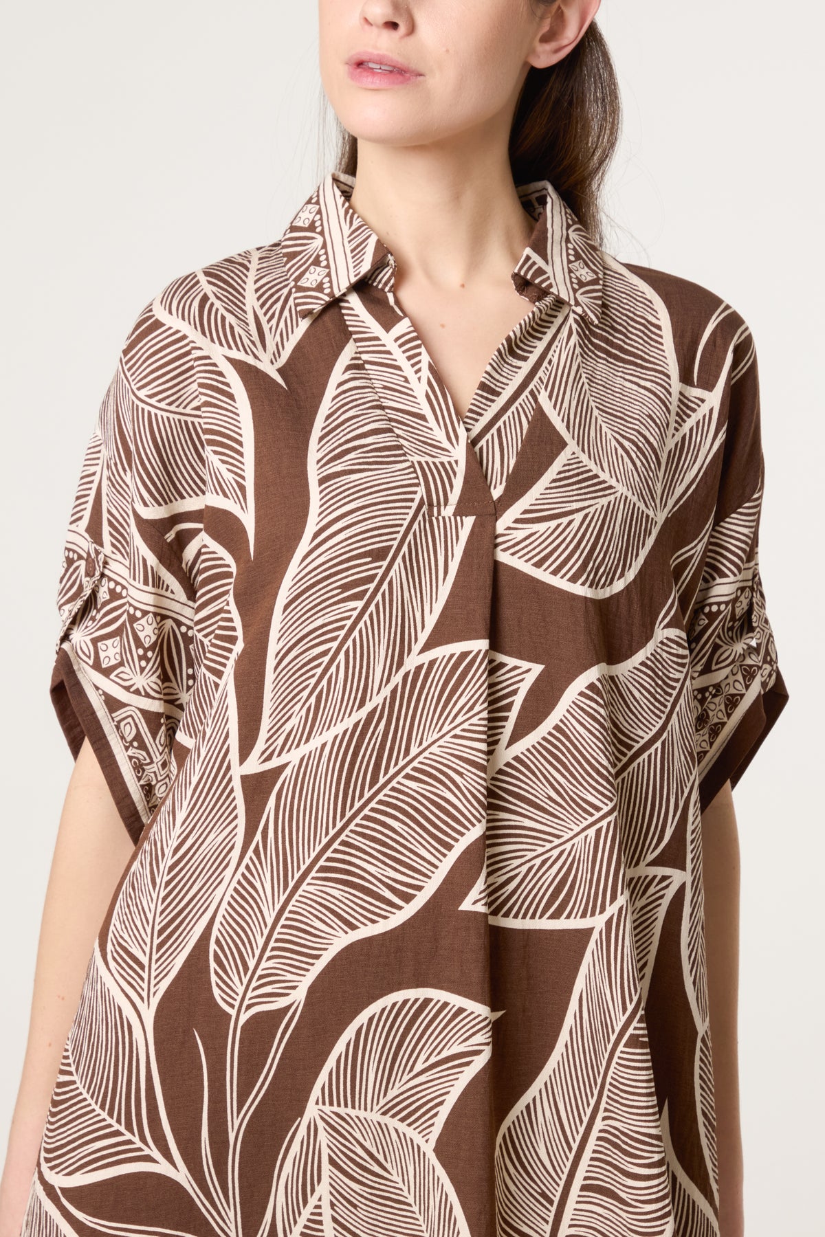 Leaf & Border Print Open Collar Dress