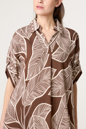 Leaf & Border Print Open Collar Dress