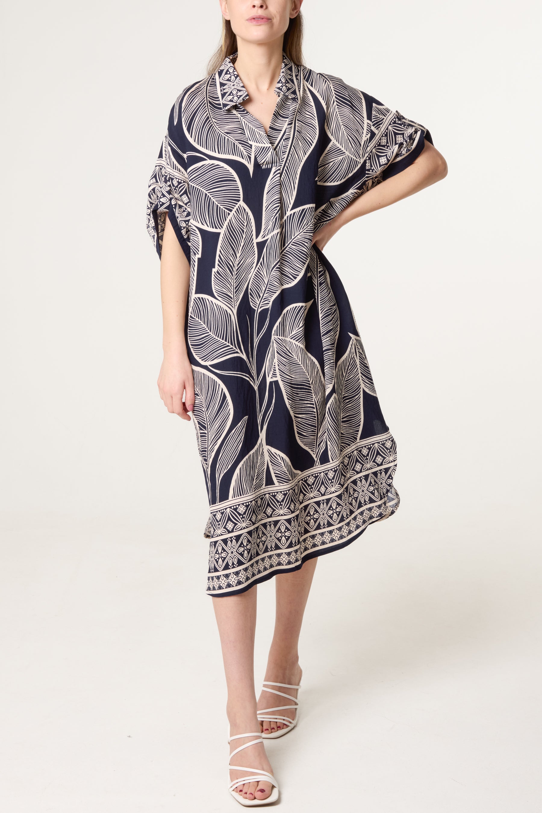 Leaf & Border Print Open Collar Dress