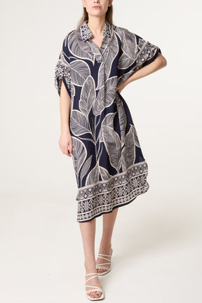 Leaf & Border Print Open Collar Dress