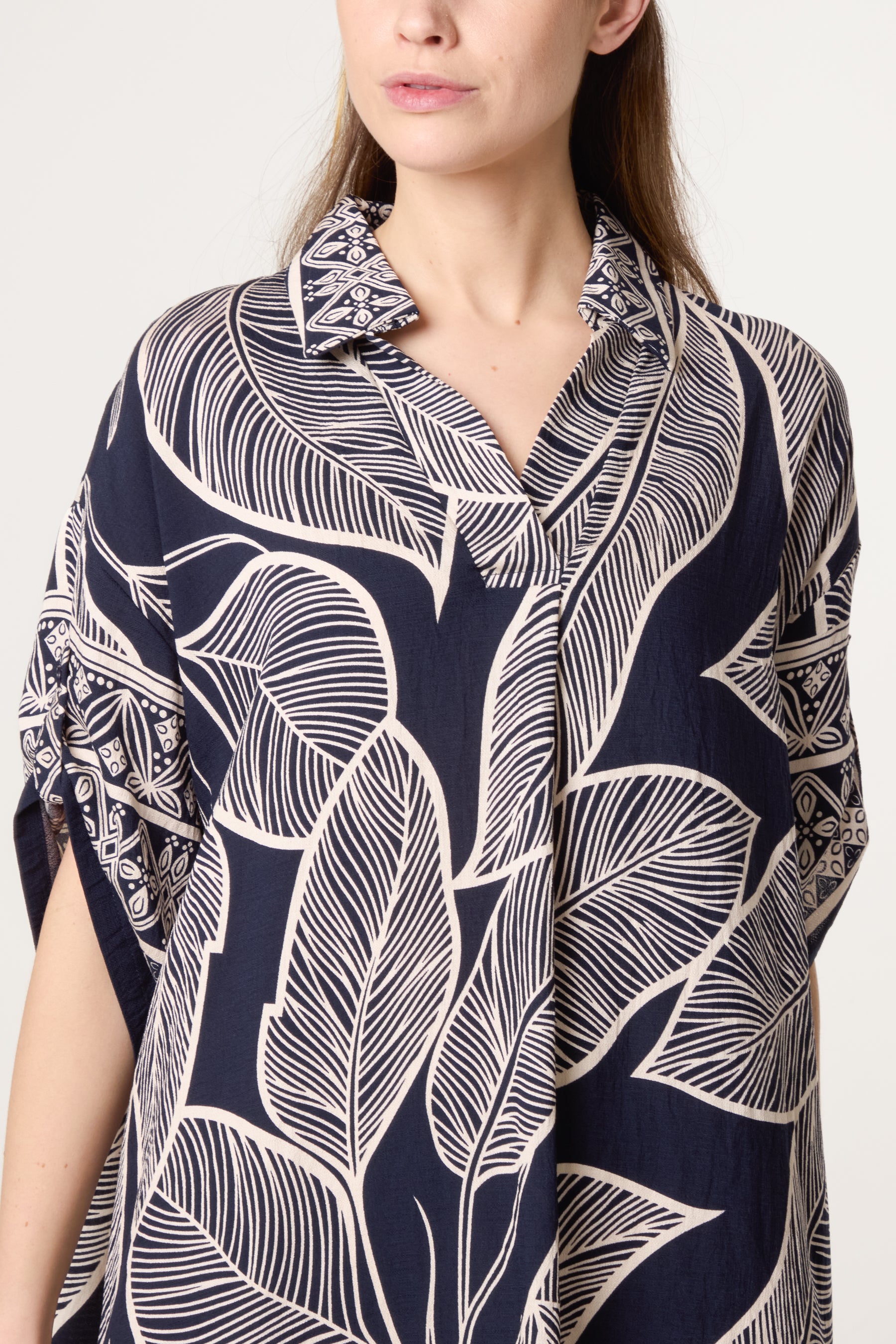 Leaf & Border Print Open Collar Dress