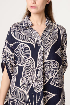 Leaf & Border Print Open Collar Dress