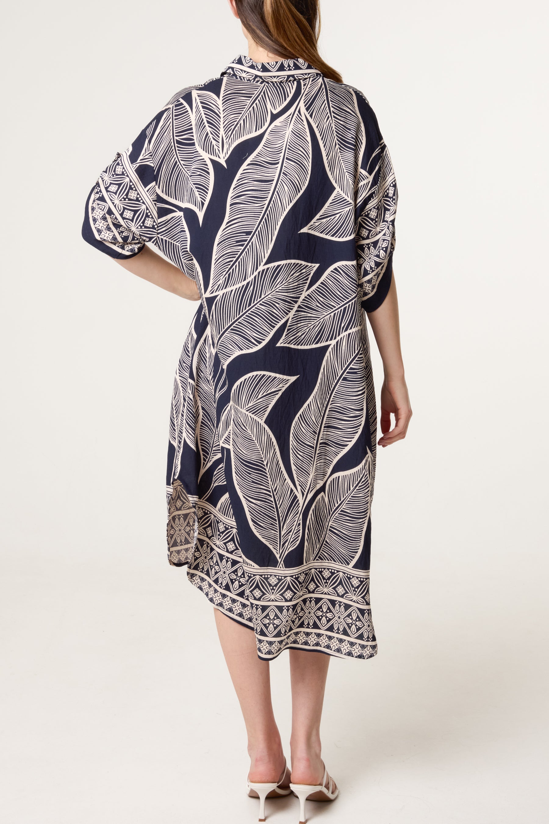 Leaf & Border Print Open Collar Dress