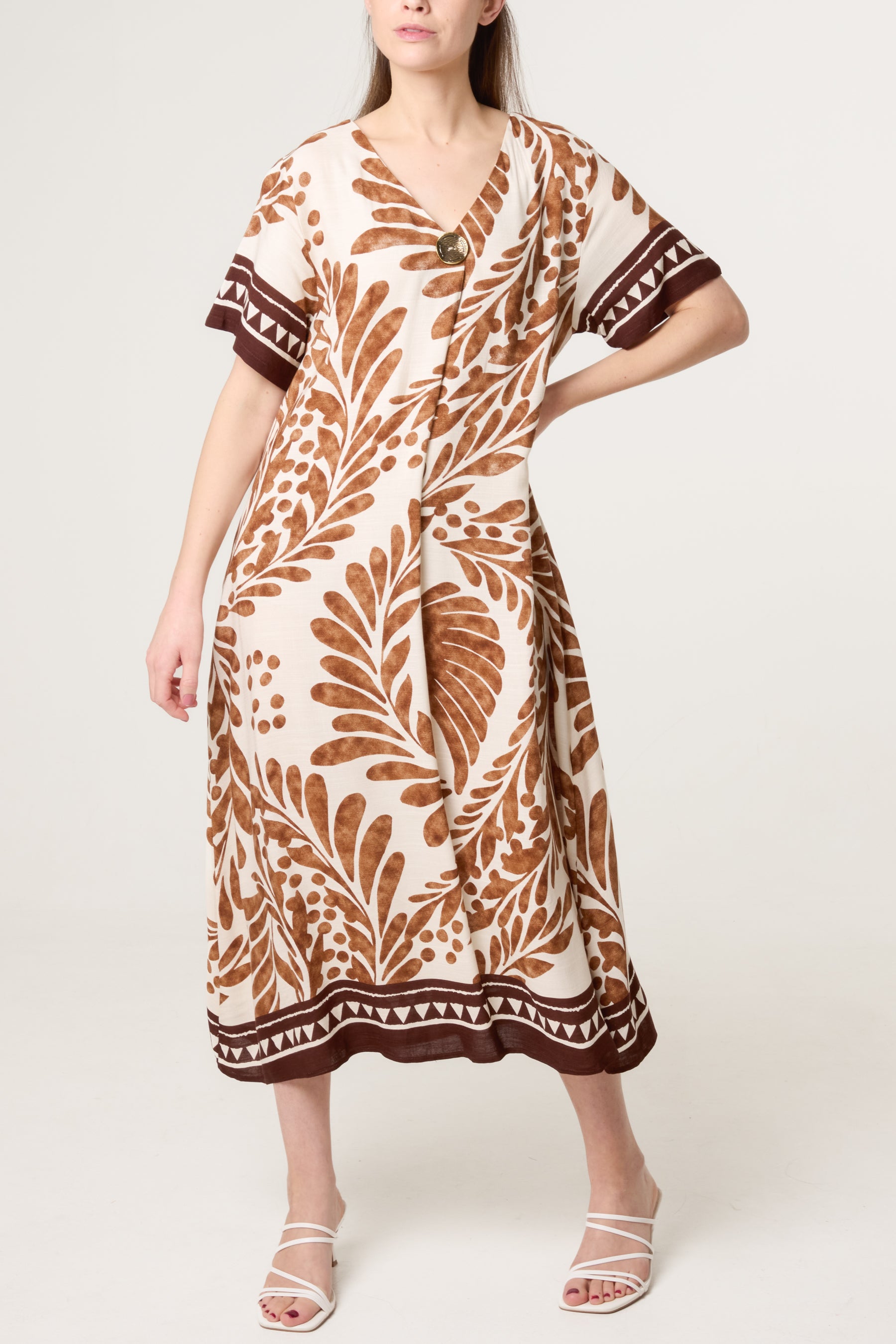 Gold Button Leaf Print Midi Dress