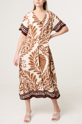 Gold Button Leaf Print Midi Dress